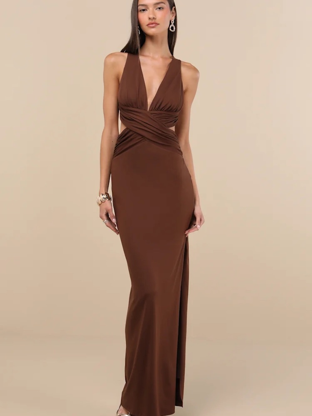 Lulu's Chocolate Brown Crisscross Twist Front Maxi Dress